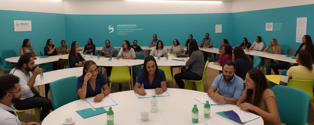 Imagem representando os benefícios de um curso de sociologia geral no ambiente de trabalho, com pessoas interagindo e aprendendo sobre sociologia.