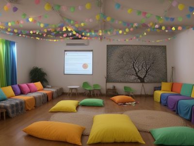 Crianças aprendendo matemática com o soroban em uma sala de aula inclusiva e colorida, com foco no aprendizado prático e divertido.