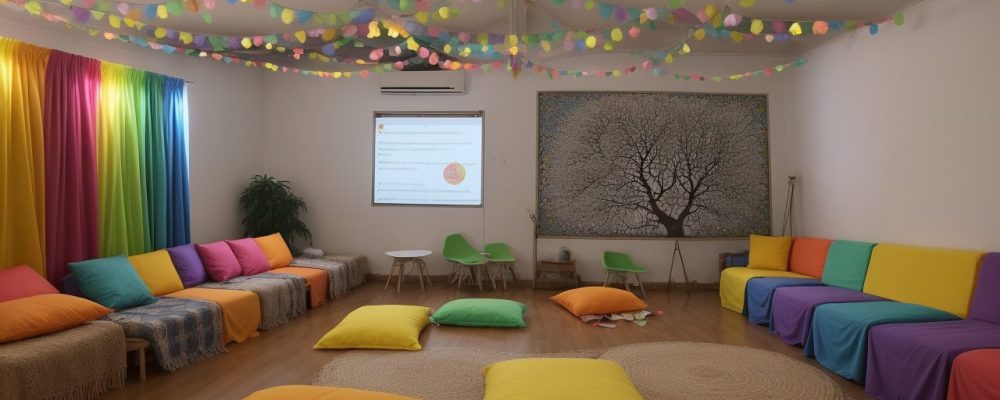 Crianças aprendendo matemática com o soroban em uma sala de aula inclusiva e colorida, com foco no aprendizado prático e divertido.