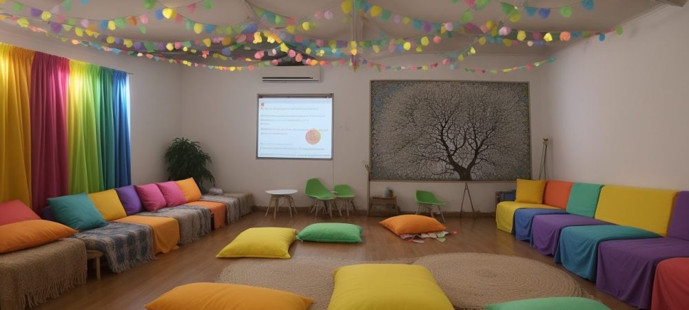 Crianças aprendendo matemática com o soroban em uma sala de aula inclusiva e colorida, com foco no aprendizado prático e divertido.