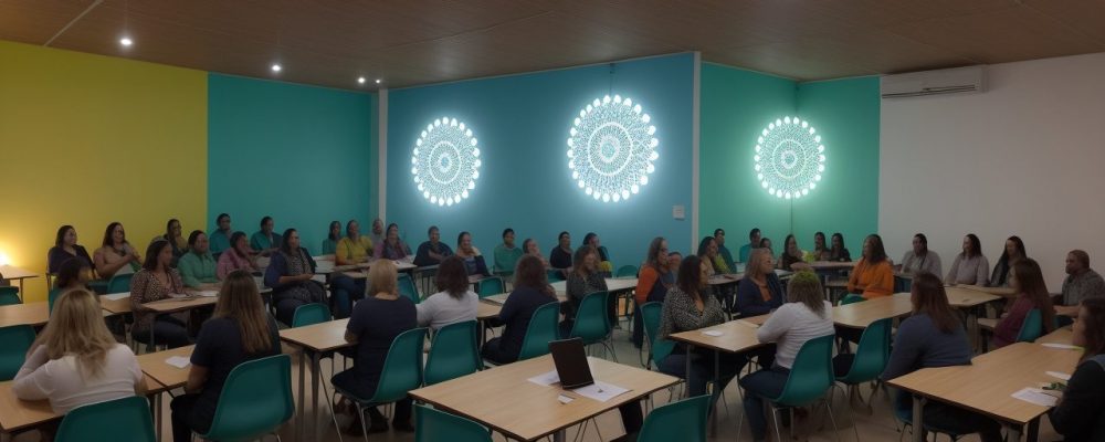 Imagem que ilustra a supervisão escolar, com professores e alunos engajados em atividades colaborativas, com foco em orientação pedagógica e gestão escolar.