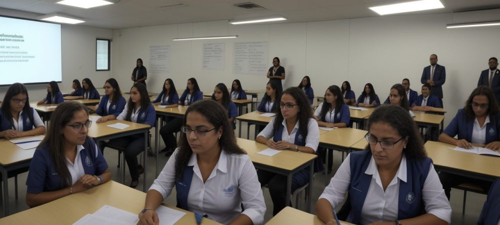 Supervisão Escolar: Liderança e Práticas Pedagógicas Imagem de supervisora escolar orientando professores em práticas pedagógicas inovadoras para melhorar a gestão escolar.
