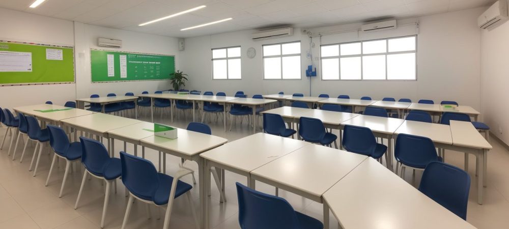 Supervisão Escolar e Orientação Pedagógica em Ação Imagem de supervisores escolares e orientadores pedagógicos trabalhando em colaboração, utilizando ferramentas de gestão e planejamento escolar.