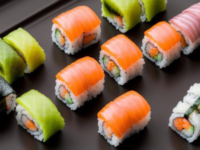 Imagem mostrando uma variedade de sushi e temaki, representando a culinária japonesa, com foco em curso de culinária