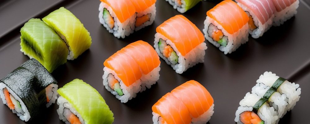 Imagem mostrando uma variedade de sushi e temaki, representando a culinária japonesa, com foco em curso de culinária