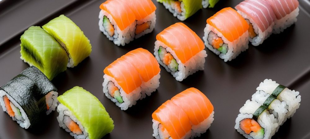 Imagem mostrando uma variedade de sushi e temaki, representando a culinária japonesa, com foco em curso de culinária