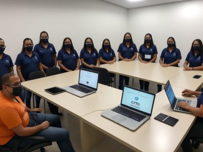Profissionais em ambiente de trabalho colaborativo, aprendendo sobre TCC em um curso online, com foco em técnicas e exemplos práticos.
