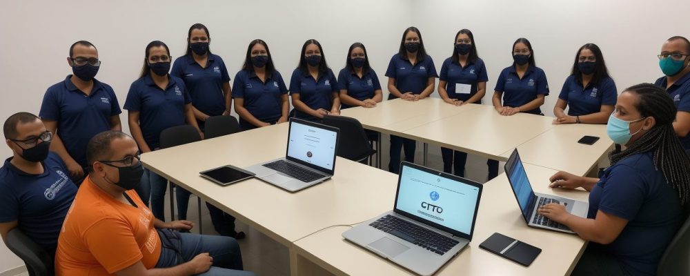 Profissionais em ambiente de trabalho colaborativo, aprendendo sobre TCC em um curso online, com foco em técnicas e exemplos práticos.