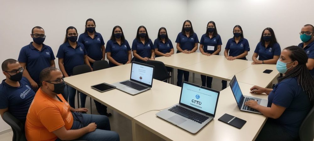 Profissionais em ambiente de trabalho colaborativo, aprendendo sobre TCC em um curso online, com foco em técnicas e exemplos práticos.