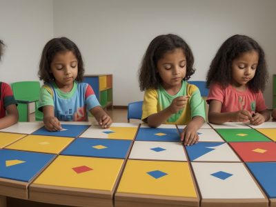 Crianças montando figuras com Tangram em sala de aula, promovendo raciocínio lógico e criatividade.