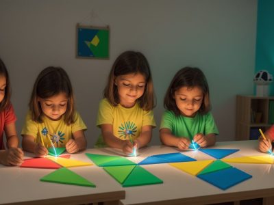 Ilustração de Tangram com peças coloridas e alunos interagindo em atividades educativas, destacando os benefícios do curso online para educadores.
