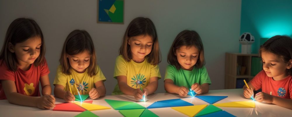 Ilustração de Tangram com peças coloridas e alunos interagindo em atividades educativas, destacando os benefícios do curso online para educadores.