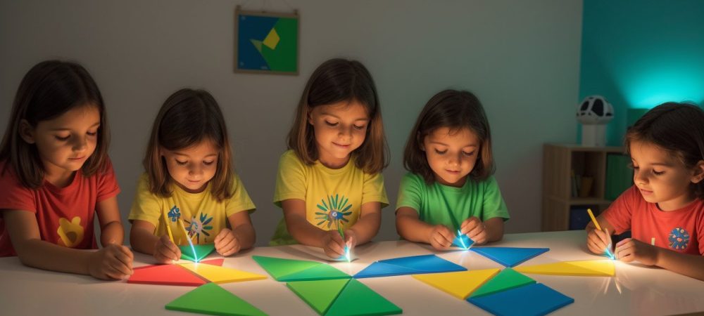Ilustração de Tangram com peças coloridas e alunos interagindo em atividades educativas, destacando os benefícios do curso online para educadores.