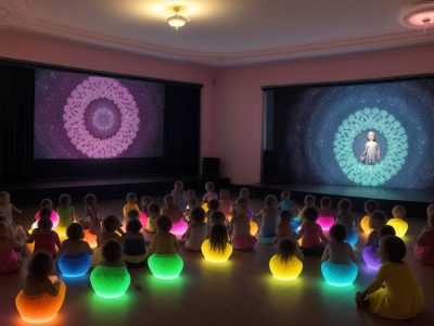 Crianças em aula de teatro para iniciantes, expressando-se em um palco iluminado, com foco em técnicas teatrais