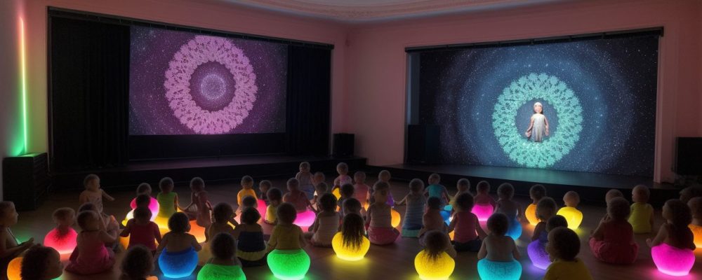 Crianças em aula de teatro para iniciantes, expressando-se em um palco iluminado, com foco em técnicas teatrais