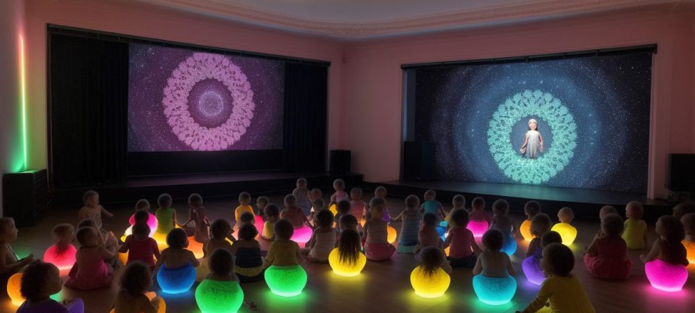 Crianças em aula de teatro para iniciantes, expressando-se em um palco iluminado, com foco em técnicas teatrais