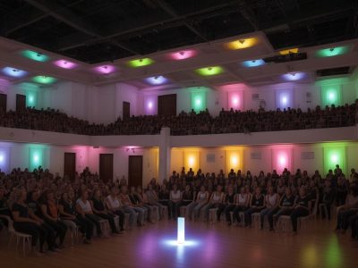 Alunos participando de atividades teatrais e exercícios de improvisação em sala de aula, promovendo o aprendizado criativo e dinâmico.