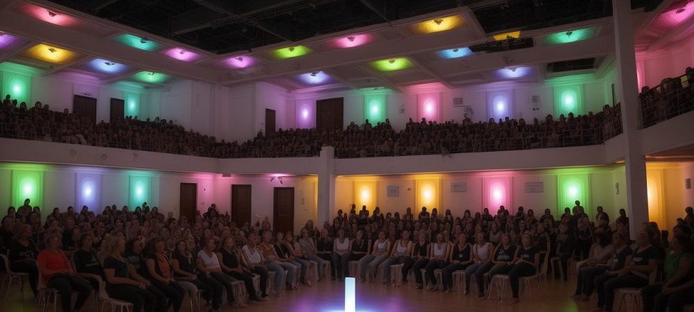 Alunos participando de atividades teatrais e exercícios de improvisação em sala de aula, promovendo o aprendizado criativo e dinâmico.