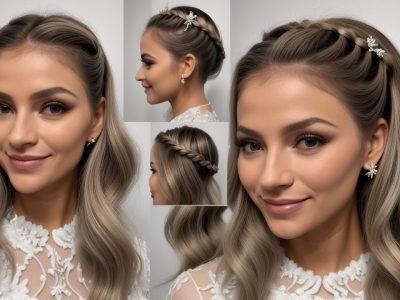 Uma profissional de beleza demonstrando técnicas de penteados modernos e elegantes, com foco em penteados para casamento e festas.