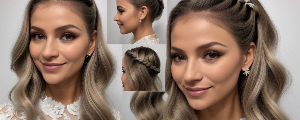 Uma profissional de beleza demonstrando técnicas de penteados modernos e elegantes, com foco em penteados para casamento e festas.