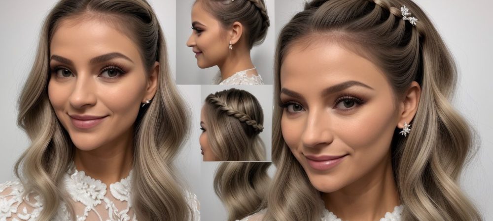 Uma profissional de beleza demonstrando técnicas de penteados modernos e elegantes, com foco em penteados para casamento e festas.