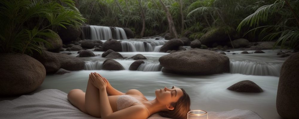 Imagem mostrando uma pessoa meditando em um ambiente tranquilo, com elementos visuais que representam mindfulness e bem-estar, como plantas e luz natural. Ilustração de técnicas de relaxamento.