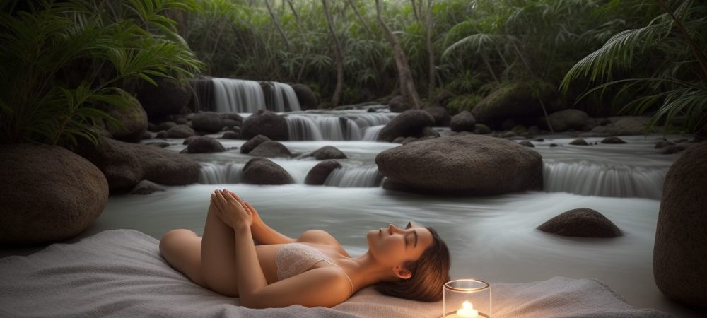 Imagem mostrando uma pessoa meditando em um ambiente tranquilo, com elementos visuais que representam mindfulness e bem-estar, como plantas e luz natural. Ilustração de técnicas de relaxamento.