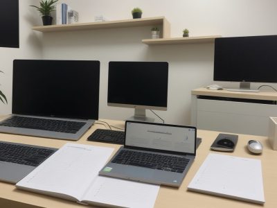 Secretária trabalhando em um ambiente de escritório organizado, com ferramentas digitais e documentos, representando técnicas de secretariado para o setor público