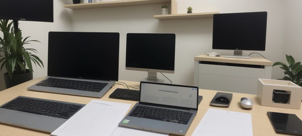 Secretária trabalhando em um ambiente de escritório organizado, com ferramentas digitais e documentos, representando técnicas de secretariado para o setor público