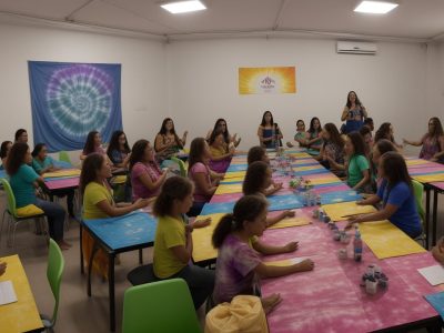 Alunos explorando técnicas de tingimento de tecidos em aula, com foco em tie dye e shibori para um aprendizado prático e colorido.