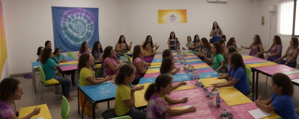 Alunos explorando técnicas de tingimento de tecidos em aula, com foco em tie dye e shibori para um aprendizado prático e colorido.