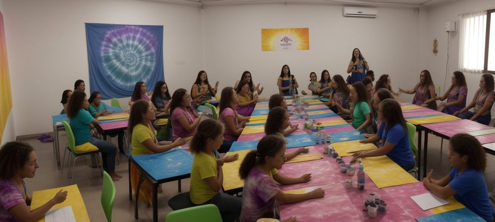 Alunos explorando técnicas de tingimento de tecidos em aula, com foco em tie dye e shibori para um aprendizado prático e colorido.