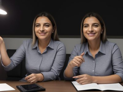 Servidora pública apresentando técnicas de vendas em um ambiente de trabalho moderno, focado em persuasão e negociação para melhoria dos serviços.