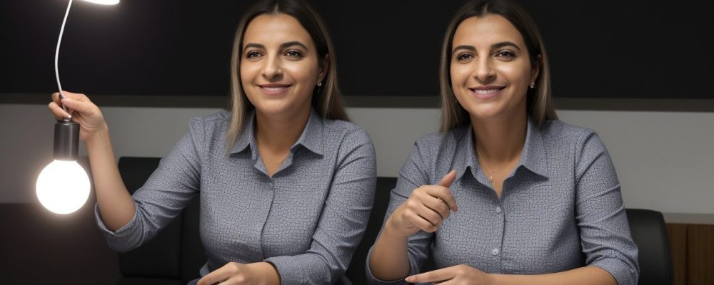 Servidora pública apresentando técnicas de vendas em um ambiente de trabalho moderno, focado em persuasão e negociação para melhoria dos serviços.