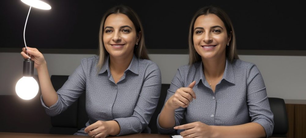Servidora pública apresentando técnicas de vendas em um ambiente de trabalho moderno, focado em persuasão e negociação para melhoria dos serviços.