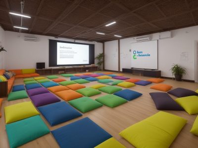 Alunos engajados em atividades com ferramentas digitais em uma sala de aula moderna, representando a tecnologia educacional em ação.