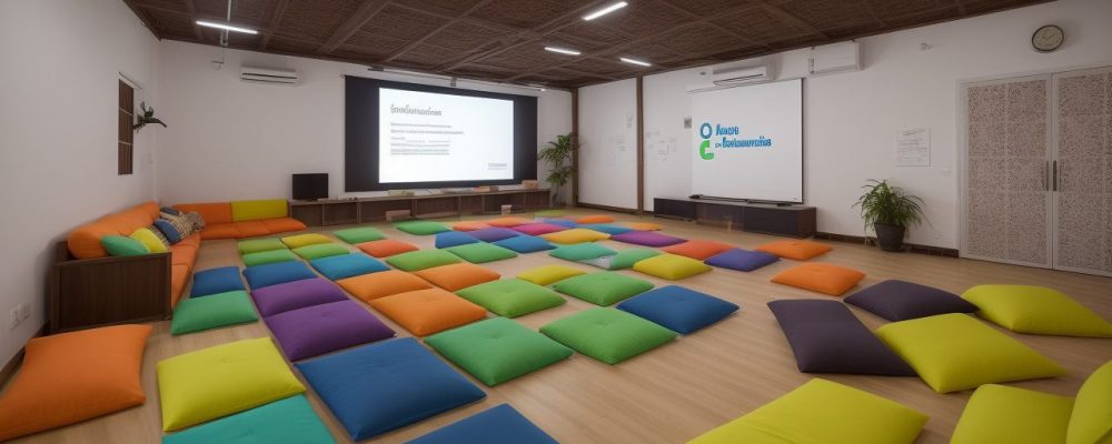 Alunos engajados em atividades com ferramentas digitais em uma sala de aula moderna, representando a tecnologia educacional em ação.