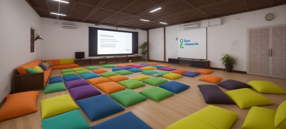 Alunos engajados em atividades com ferramentas digitais em uma sala de aula moderna, representando a tecnologia educacional em ação.