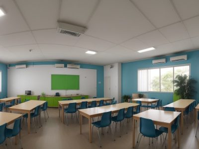 Alunos e professores interagindo com tecnologias digitais em sala de aula, representando a informática na educação e a educação 4.0