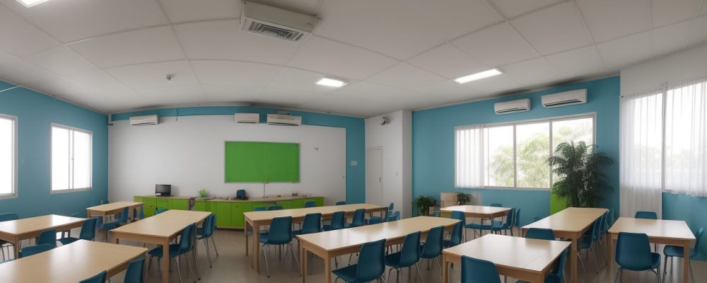 Alunos e professores interagindo com tecnologias digitais em sala de aula, representando a informática na educação e a educação 4.0