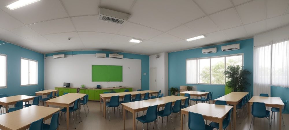 Alunos e professores interagindo com tecnologias digitais em sala de aula, representando a informática na educação e a educação 4.0