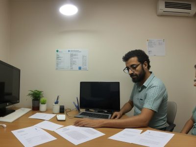 Servidores públicos adotando práticas sustentáveis de papel e celulose, focando na reciclagem e eficiência.