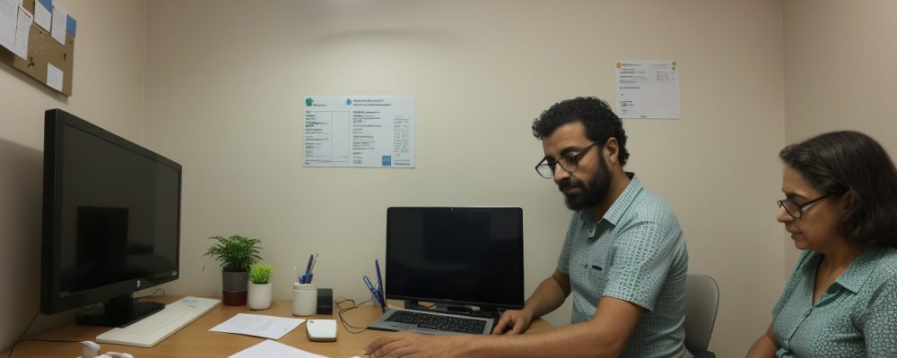 Servidores públicos adotando práticas sustentáveis de papel e celulose, focando na reciclagem e eficiência.