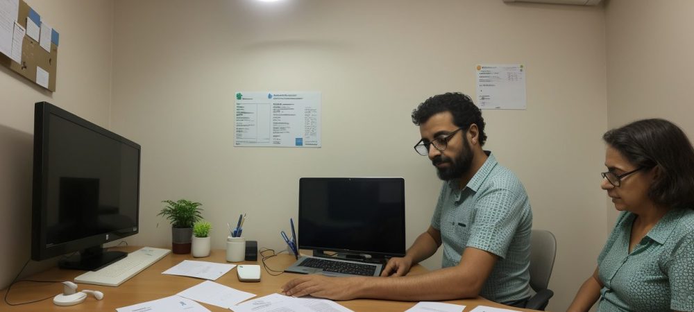 Servidores públicos adotando práticas sustentáveis de papel e celulose, focando na reciclagem e eficiência.