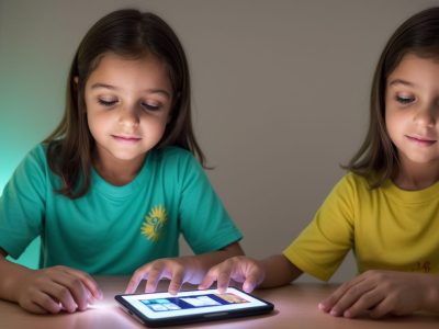 Alunos utilizam tablets e ferramentas digitais em sala de aula, demonstrando o uso de mídias e tecnologias na educação básica.