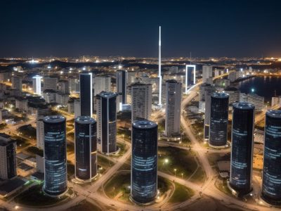 Ilustração de um sistema de telecomunicações moderno, com torres de telefonia e conexões de banda larga, representando a infraestrutura e as soluções de telecomunicações