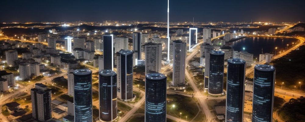 Ilustração de um sistema de telecomunicações moderno, com torres de telefonia e conexões de banda larga, representando a infraestrutura e as soluções de telecomunicações