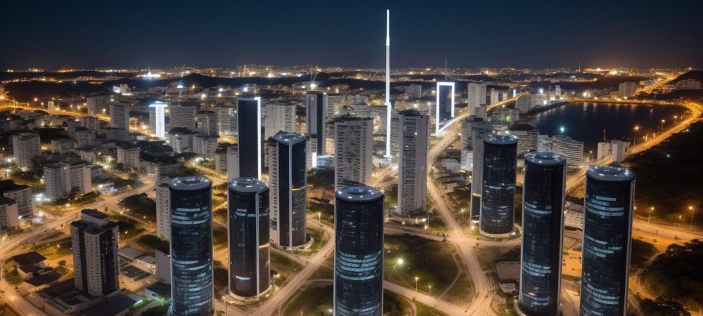 Ilustração de um sistema de telecomunicações moderno, com torres de telefonia e conexões de banda larga, representando a infraestrutura e as soluções de telecomunicações