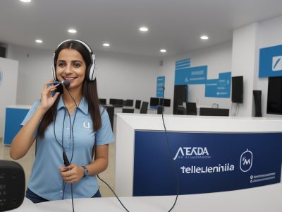 Telefonista em ambiente de trabalho, realizando atendimento telefônico de qualidade, com destaque para a inscrição no curso online