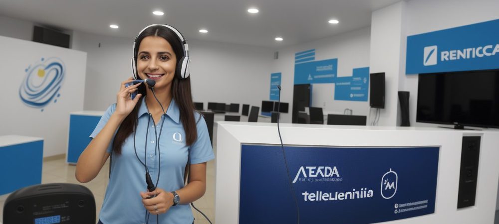 Telefonista em ambiente de trabalho, realizando atendimento telefônico de qualidade, com destaque para a inscrição no curso online